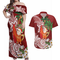 Polynesian Couples Matching Off Shoulder Maxi Dress and Hawaiian Shirt Tropical Santa - Plumeria Red Vintage LT7 Red - Polynesian Pride