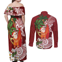 Polynesian Couples Matching Off Shoulder Maxi Dress and Long Sleeve Button Shirt Tropical Santa - Plumeria Red Vintage LT7 - Polynesian Pride