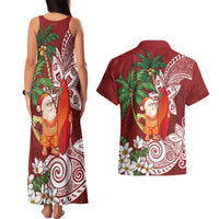 Polynesian Couples Matching Tank Maxi Dress and Hawaiian Shirt Tropical Santa - Plumeria Red Vintage LT7 - Polynesian Pride