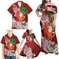 Polynesian Family Matching Off Shoulder Maxi Dress and Hawaiian Shirt Tropical Santa - Plumeria Red Vintage LT7 - Polynesian Pride