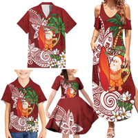 Polynesian Family Matching Summer Maxi Dress and Hawaiian Shirt Tropical Santa - Plumeria Red Vintage LT7 - Polynesian Pride