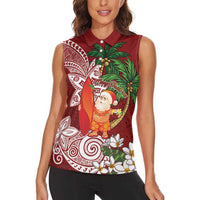 Polynesian Women Sleeveless Polo Shirt Tropical Santa - Plumeria Red Vintage LT7 - Polynesian Pride