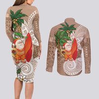 Polynesian Couples Matching Long Sleeve Bodycon Dress and Long Sleeve Button Shirt Tropical Santa - Plumeria Beige Vintage LT7 - Polynesian Pride