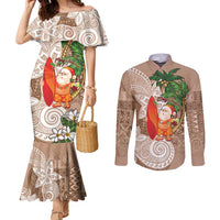Polynesian Couples Matching Mermaid Dress and Long Sleeve Button Shirt Tropical Santa - Plumeria Beige Vintage LT7 Beige - Polynesian Pride