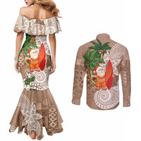 Polynesian Couples Matching Mermaid Dress and Long Sleeve Button Shirt Tropical Santa - Plumeria Beige Vintage LT7 - Polynesian Pride