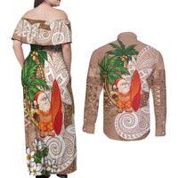 Polynesian Couples Matching Off Shoulder Maxi Dress and Long Sleeve Button Shirt Tropical Santa - Plumeria Beige Vintage LT7 - Polynesian Pride
