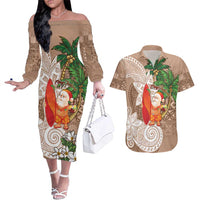 Polynesian Couples Matching Off The Shoulder Long Sleeve Dress and Hawaiian Shirt Tropical Santa - Plumeria Beige Vintage LT7 Beige - Polynesian Pride