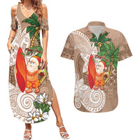 Polynesian Couples Matching Summer Maxi Dress and Hawaiian Shirt Tropical Santa - Plumeria Beige Vintage LT7 Beige - Polynesian Pride