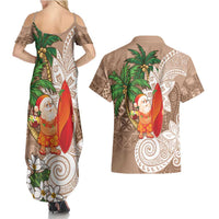 Polynesian Couples Matching Summer Maxi Dress and Hawaiian Shirt Tropical Santa - Plumeria Beige Vintage LT7 - Polynesian Pride