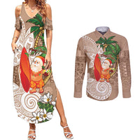 Polynesian Couples Matching Summer Maxi Dress and Long Sleeve Button Shirt Tropical Santa - Plumeria Beige Vintage LT7 Beige - Polynesian Pride