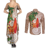 Polynesian Couples Matching Summer Maxi Dress and Long Sleeve Button Shirt Tropical Santa - Plumeria Beige Vintage LT7 - Polynesian Pride