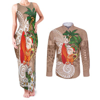 Polynesian Couples Matching Tank Maxi Dress and Long Sleeve Button Shirt Tropical Santa - Plumeria Beige Vintage LT7 Beige - Polynesian Pride