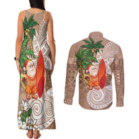 Polynesian Couples Matching Tank Maxi Dress and Long Sleeve Button Shirt Tropical Santa - Plumeria Beige Vintage LT7 - Polynesian Pride