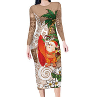 Polynesian Family Matching Long Sleeve Bodycon Dress and Hawaiian Shirt Tropical Santa - Plumeria Beige Vintage LT7 Mom's Dress Beige - Polynesian Pride
