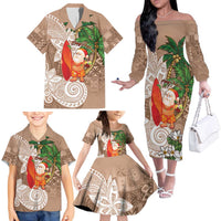 Polynesian Family Matching Off The Shoulder Long Sleeve Dress and Hawaiian Shirt Tropical Santa - Plumeria Beige Vintage LT7 - Polynesian Pride