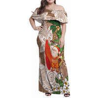 Polynesian Family Matching Off Shoulder Maxi Dress and Hawaiian Shirt Tropical Santa - Plumeria Beige Vintage LT7 Mom's Dress Beige - Polynesian Pride