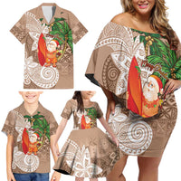 Polynesian Family Matching Off Shoulder Short Dress and Hawaiian Shirt Tropical Santa - Plumeria Beige Vintage LT7 - Polynesian Pride