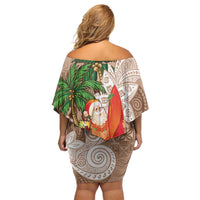 Polynesian Family Matching Off Shoulder Short Dress and Hawaiian Shirt Tropical Santa - Plumeria Beige Vintage LT7 - Polynesian Pride