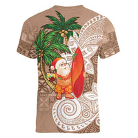 Polynesian Women V-Neck T-Shirt Tropical Santa - Plumeria Beige Vintage LT7 - Polynesian Pride