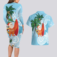 Polynesian Couples Matching Long Sleeve Bodycon Dress and Hawaiian Shirt Tropical Santa - Plumeria Turquoise Vintage LT7 - Polynesian Pride