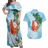 Polynesian Couples Matching Off Shoulder Maxi Dress and Hawaiian Shirt Tropical Santa - Plumeria Turquoise Vintage LT7 Turquoise - Polynesian Pride