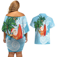 Polynesian Couples Matching Off Shoulder Short Dress and Hawaiian Shirt Tropical Santa - Plumeria Turquoise Vintage LT7 - Polynesian Pride