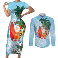 Polynesian Couples Matching Short Sleeve Bodycon Dress and Long Sleeve Button Shirt Tropical Santa - Plumeria Turquoise Vintage LT7 Turquoise - Polynesian Pride