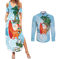 Polynesian Couples Matching Summer Maxi Dress and Long Sleeve Button Shirt Tropical Santa - Plumeria Turquoise Vintage LT7 Turquoise - Polynesian Pride