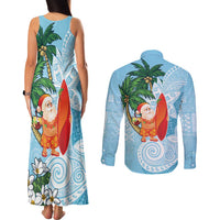 Polynesian Couples Matching Tank Maxi Dress and Long Sleeve Button Shirt Tropical Santa - Plumeria Turquoise Vintage LT7 - Polynesian Pride