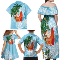 Polynesian Family Matching Off Shoulder Maxi Dress and Hawaiian Shirt Tropical Santa - Plumeria Turquoise Vintage LT7 - Polynesian Pride