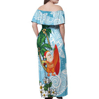 Polynesian Family Matching Off Shoulder Maxi Dress and Hawaiian Shirt Tropical Santa - Plumeria Turquoise Vintage LT7 - Polynesian Pride