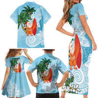 Polynesian Family Matching Short Sleeve Bodycon Dress and Hawaiian Shirt Tropical Santa - Plumeria Turquoise Vintage LT7 - Polynesian Pride