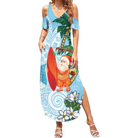 Polynesian Family Matching Summer Maxi Dress and Hawaiian Shirt Tropical Santa - Plumeria Turquoise Vintage LT7 Mom's Dress Turquoise - Polynesian Pride