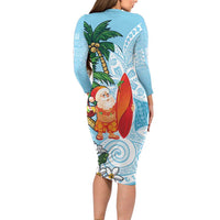 Polynesian Long Sleeve Bodycon Dress Tropical Santa - Plumeria Turquoise Vintage