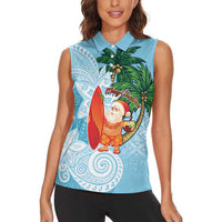 Polynesian Women Sleeveless Polo Shirt Tropical Santa - Plumeria Turquoise Vintage LT7 - Polynesian Pride