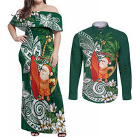 Polynesian Couples Matching Off Shoulder Maxi Dress and Long Sleeve Button Shirt Tropical Santa - Plumeria Green Vintage LT7 Green - Polynesian Pride