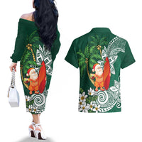 Polynesian Couples Matching Off The Shoulder Long Sleeve Dress and Hawaiian Shirt Tropical Santa - Plumeria Green Vintage LT7 - Polynesian Pride