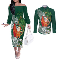 Polynesian Couples Matching Off The Shoulder Long Sleeve Dress and Long Sleeve Button Shirt Tropical Santa - Plumeria Green Vintage LT7 Green - Polynesian Pride