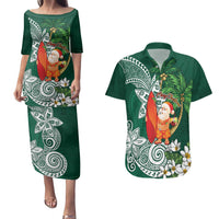 Polynesian Couples Matching Puletasi and Hawaiian Shirt Tropical Santa - Plumeria Green Vintage LT7 Green - Polynesian Pride