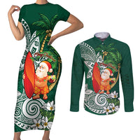 Polynesian Couples Matching Short Sleeve Bodycon Dress and Long Sleeve Button Shirt Tropical Santa - Plumeria Green Vintage LT7 Green - Polynesian Pride