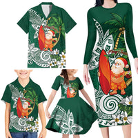 Polynesian Family Matching Long Sleeve Bodycon Dress and Hawaiian Shirt Tropical Santa - Plumeria Green Vintage LT7 - Polynesian Pride