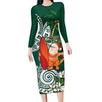 Polynesian Family Matching Long Sleeve Bodycon Dress and Hawaiian Shirt Tropical Santa - Plumeria Green Vintage LT7 Mom's Dress Green - Polynesian Pride