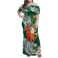 Polynesian Family Matching Off Shoulder Maxi Dress and Hawaiian Shirt Tropical Santa - Plumeria Green Vintage LT7 Mom's Dress Green - Polynesian Pride