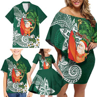 Polynesian Family Matching Off Shoulder Short Dress and Hawaiian Shirt Tropical Santa - Plumeria Green Vintage LT7 - Polynesian Pride