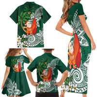 Polynesian Family Matching Short Sleeve Bodycon Dress and Hawaiian Shirt Tropical Santa - Plumeria Green Vintage LT7 - Polynesian Pride