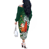 Polynesian Off The Shoulder Long Sleeve Dress Tropical Santa - Plumeria Green Vintage LT7 - Polynesian Pride
