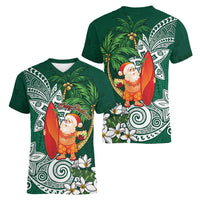 Polynesian Women V-Neck T-Shirt Tropical Santa - Plumeria Green Vintage LT7 - Polynesian Pride
