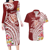 Aloha Hawaii Island Personalized Couples Matching Long Sleeve Bodycon Dress and Hawaiian Shirt Crimson Dreamy Turtle LT7 Red - Polynesian Pride
