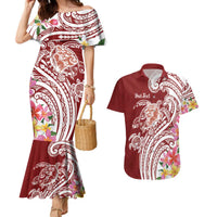 Aloha Hawaii Island Personalized Couples Matching Mermaid Dress and Hawaiian Shirt Crimson Dreamy Turtle