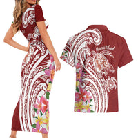 Aloha Hawaii Island Personalized Couples Matching Short Sleeve Bodycon Dress and Hawaiian Shirt Crimson Dreamy Turtle LT7 - Polynesian Pride